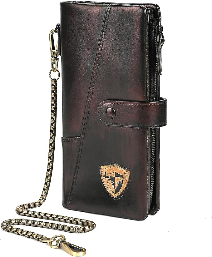 Genuine Crazy Horse Leather Travel Gift Coin Pocket Card Case Long Organizer Chain Rfid Wallet Purse With Snap For Men Male 1803 1815 (1803 Brown 26a)