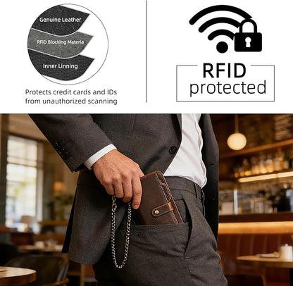 Genuine Crazy Horse Leather Travel Gift Coin Pocket Card Case Long Organizer Chain Rfid Wallet Purse With Snap For Men Male 1803 1815 (W-1821-Brown)