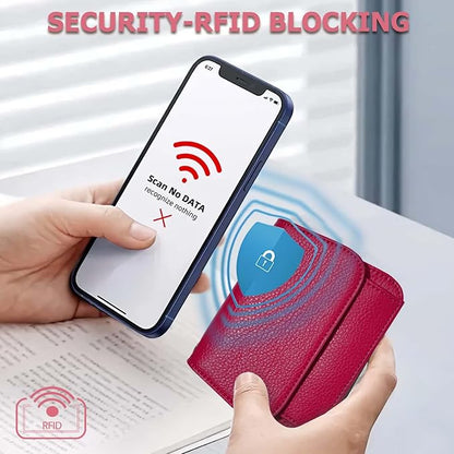 Women Small Wallet RFID Blocking Slim Wallet with Coin Pocket Tri-Fold Credit Card Holder with ID Window and Keychain (Red)