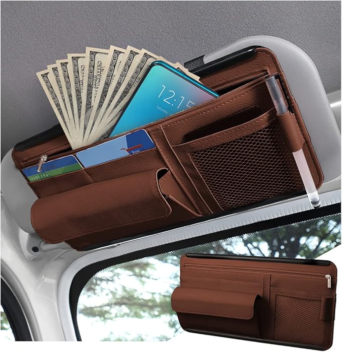 Car Sun Visor Organizer, Car Visor Pocket Wallet Pouch Holder, Vehicle Sunshade Glasses Case Storage Bag with Multi-Pocket Net Zipper, Auto Interior Accessories Universal for SUV Truck Van (Brown)