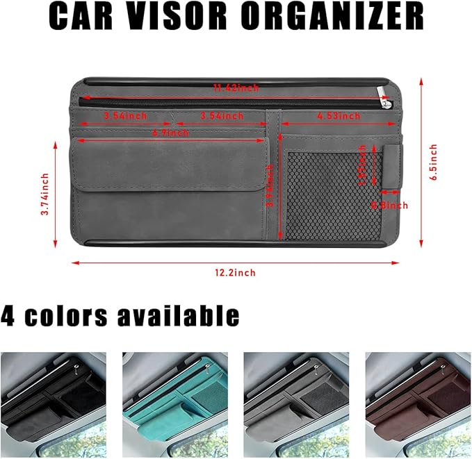 Yourkar Car Sun Visor Organizer, Soft Leather Surface Eyeglasses Note Card Holder Car Storage Bag, Scratch-Resistant Waterproof Auto Sunshade Organizer Bag, Car Accessories (Gray)