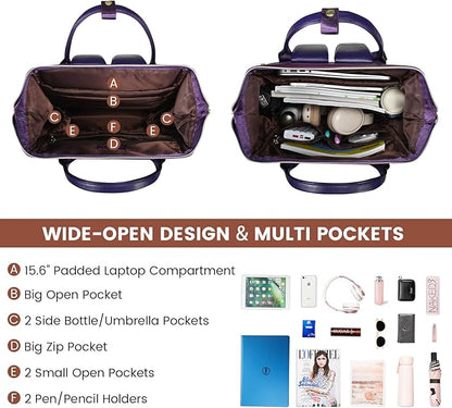 LOVEVOOK Leather Laptop Backpack for Women 15.6 inch,Travel Purse Nurse Teacher Carry On Backpack Computer Bag,Professional College Business Work Bags with USB Port,Brown