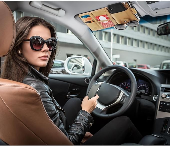 Boao 2 Packs Car Sun Visor Organizer, Sunglasses Holders for Car Sun Visor PU Auto Interior Accessories Storage Travel Document Holder with Multi Pocket (Beige, 12.2 x 6.1 Inches)