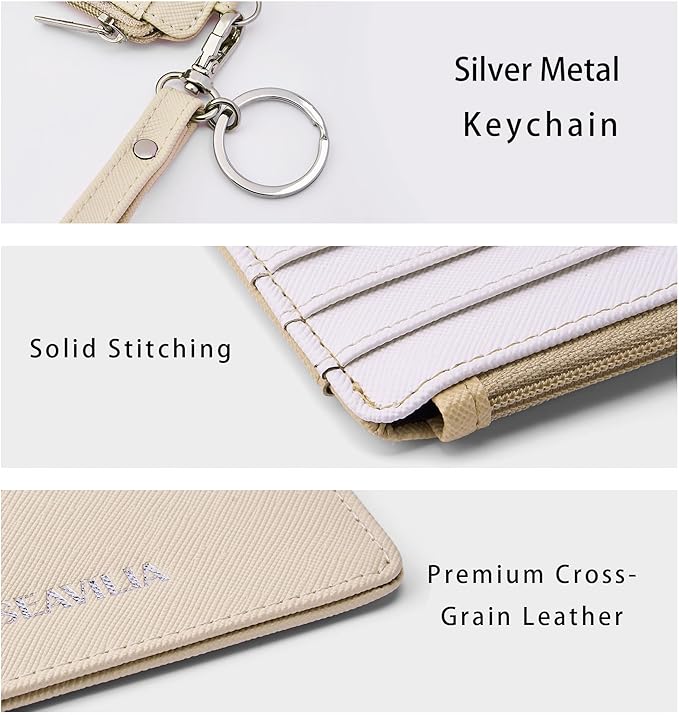 SEAVILIA Small Wallet for Women Slim Wristlet Keychain Wallets RFID Credit Card Holder With Zipper Pocket, ID Window (Beige＆Apricot)