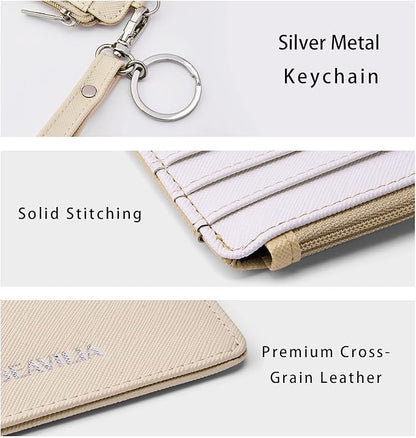 SEAVILIA Small Wallet for Women Slim Wristlet Keychain Wallets RFID Credit Card Holder With Zipper Pocket, ID Window (Beige＆Apricot)