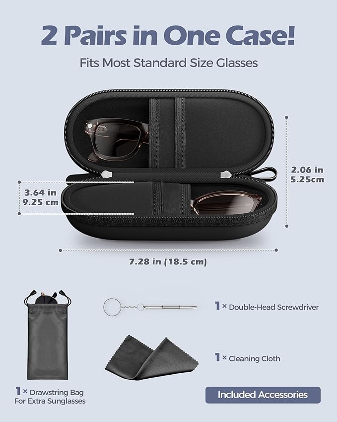 ProCase Double Sunglasses Case, Hard EVA Shell Shockproof Dual Eyeglass Case for Men Women with Metal Hook and Velvet Lining, Travel Zipper Glasses Holder Organizer for Couple Gifts -Black