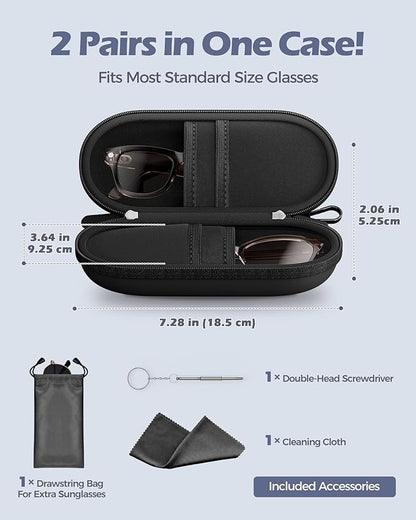 ProCase Double Sunglasses Case, Hard EVA Shell Shockproof Dual Eyeglass Case for Men Women with Metal Hook and Velvet Lining, Travel Zipper Glasses Holder Organizer for Couple Gifts -Black