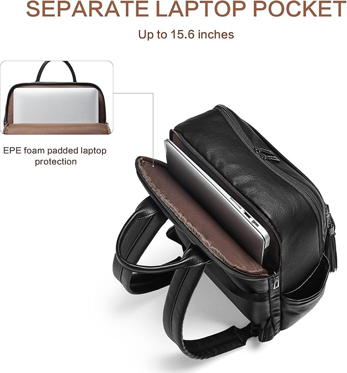 Laptop Backpack for Women,Leather Backpack with 15.6 inch Laptop Compartment,Large Capacity Computer Backpacks Purse,Carry-on Travel Backpacks,Casual Daypack for Work Business College,Black