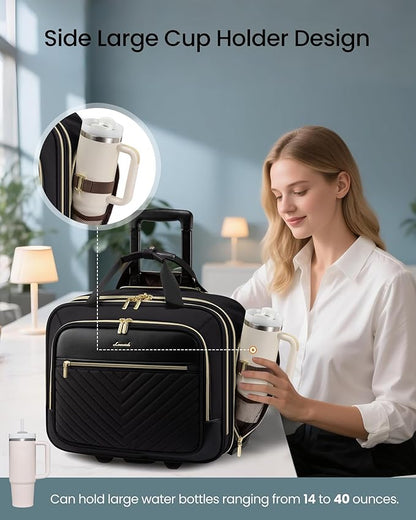LOVEVOOK Rolling Laptop Bag Women, 17.3 Inch Laptop Briefcase with Wheels for Work Travel Business, Underseat Carry On Luggage Case,Black