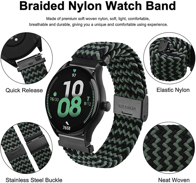 WOCCI 19mm Braided Nylon Watch Band for Men and Women, Quick Release, Black Stainless Steel Buckle (Green Black)