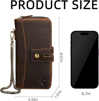 Genuine Crazy Horse Leather Travel Gift Coin Pocket Card Case Long Organizer Chain Rfid Wallet Purse With Snap For Men Male 1803 1815 (1814 Brown)