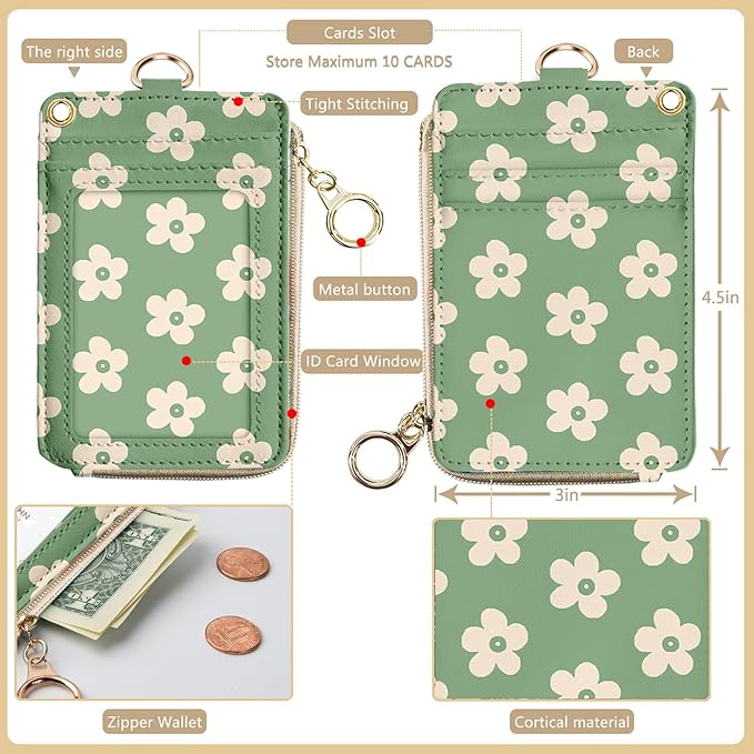 bolimoss Groovy Flowers Lanyard with ID Holder for Women Teacher, Cute Floral ID Badge Holder with Neck Lanyard ID Badge Wallet Case with 1 ID Window, 5 Card Slots, 1 Side Zipper Pocket, Ring Keychain