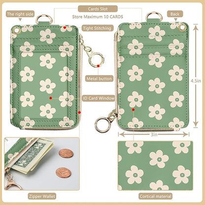 bolimoss Groovy Flowers Lanyard with ID Holder for Women Teacher, Cute Floral ID Badge Holder with Neck Lanyard ID Badge Wallet Case with 1 ID Window, 5 Card Slots, 1 Side Zipper Pocket, Ring Keychain