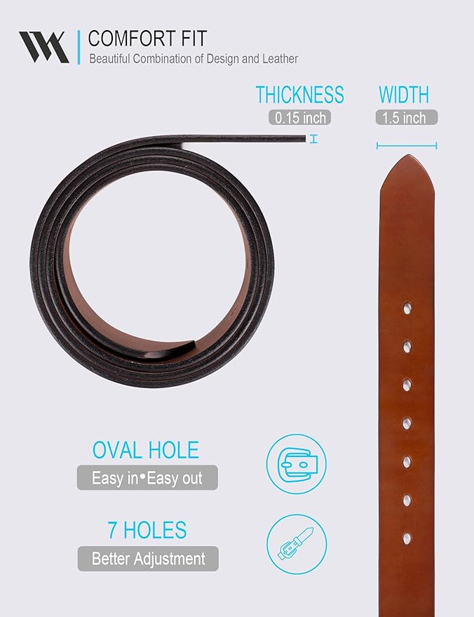 WOLFANT Men's 1.5" Full Grain Leather Belt,100% Italian Real Solid Leather