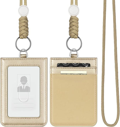 VULKIT ID Badge Holder with Lanyard for Women and Men Vertical Leather Badge Holder with Clear ID Window Card Holder Slot and Money Pocket Gold