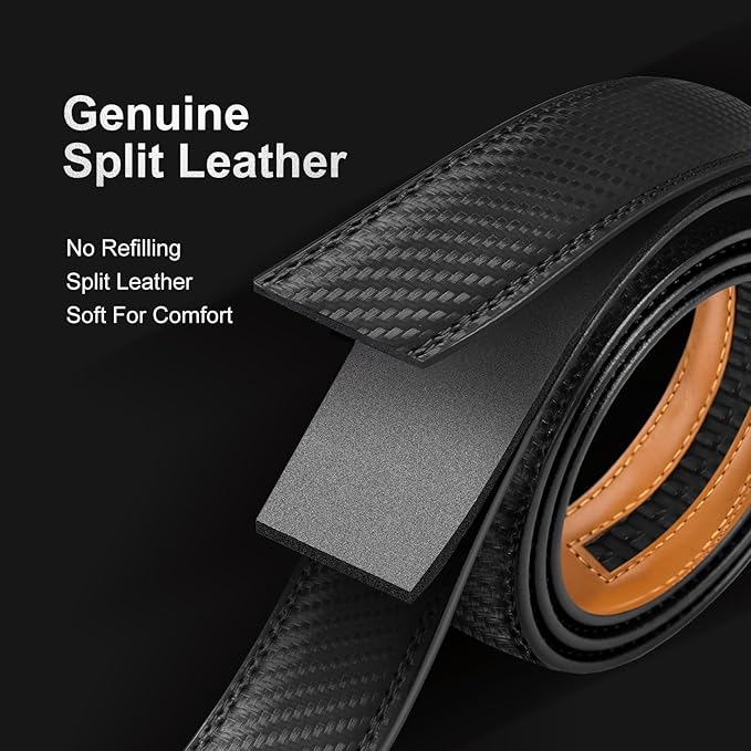 Men's Ratchet Belt Genuine Leather No-Hole Slide Buckle - Adjustable Men's Dress & Casual Belt