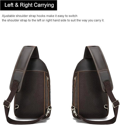 LANNSYNE Full Grain Leather Casual Sling Bag For Men Hiking/Travel/Business Crossbody Chest Bag Fits 12.9" iPad