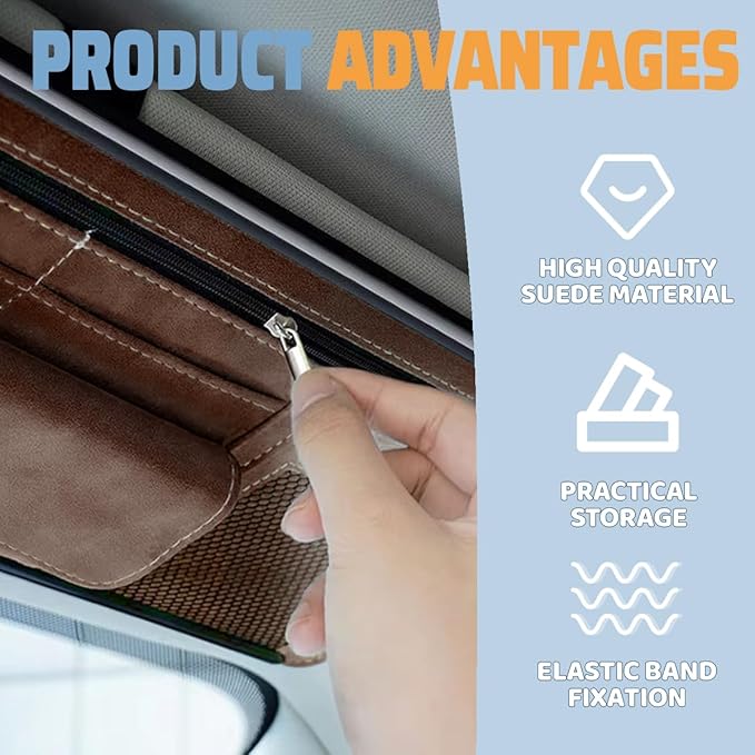 Car Sun Visor Organizer, Leather Vehicle Visor Card License Storage Pouch with Glasses Holder, Multifunctional Auto Interior Sunshade Document Pocket Organizer, Universal for Vehicles (Brown)