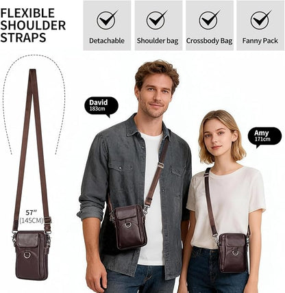 Augus Genuine Leather Small Crossbody Bag Cell Phone Messenger Purse Shoulder Waist Bag for Daily Use for Women and Men