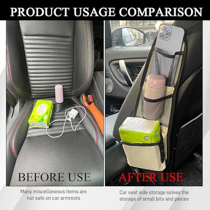 Car Seat Side Organizer, Seat Side Storage Pocket, Multifunctional Mesh Net Pocket, Car Multi-Pockets Backseat Organizer Side Hanging Bag for Storage Coins, Cell Phones, Glasses (Beige, 1PCS)