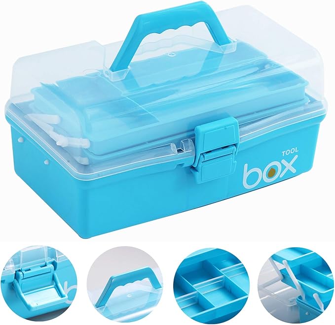 Kinsorcai 12'' Three-Layer Clear Art Box Organizer, Multipurpose Plastic Craft Box with Handle (Blue)