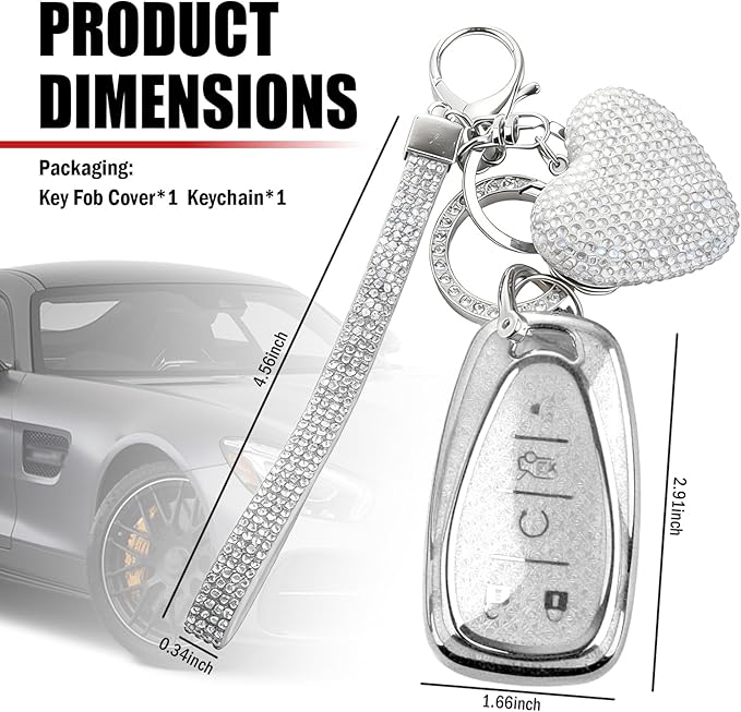 Compatible with Chevy Equinox Key Fob Covers,Stylish Car Key Cover with Bling Heart Keychain,5-Button Keys Fob Protector（White）
