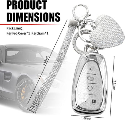 Compatible with Chevy Equinox Key Fob Covers,Stylish Car Key Cover with Bling Heart Keychain,5-Button Keys Fob Protector（White）