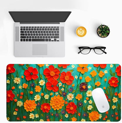 Oil Painting Flowers Desk Mat for Women, Large PU Leather Desk Pad with Non-Slip Base, Aesthetic Office Keyboard Cover for Gaming & Home Work, Artistic Desk Decor (27.56 * 13.78in)