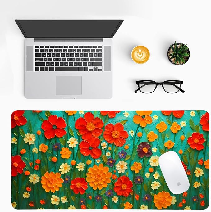 Oil Painting Flowers Desk Mat for Women, Large PU Leather Desk Pad with Non-Slip Base, Aesthetic Office Keyboard Cover for Gaming & Home Work, Artistic Desk Decor (23.6x11.8 Inch)
