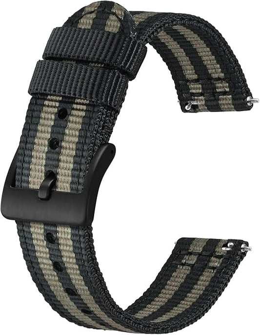 BISONSTRAP Men’s Nylon Watch Bands, Two-Piece Military Watch Straps, Quick Release, Brushed Buckle, Band Width 18mm 19mm 20mm 22mm