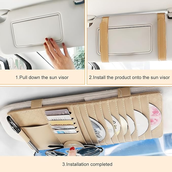 Zpana Car Sun Visor CD Case Holder, Multi-Function Vehicle DVD Eyeglass Organizer Clip with 10 DVD Storage Sleeves, Automotive Card Slots & Pen Holder Bag, Universal for SUV RV Truck (Beige)