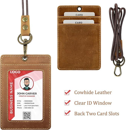 Boshiho Vertical Style Cowhide Leather ID Card Badge Holder with Heavy Duty Lanyard (Crazy Horse Leather)
