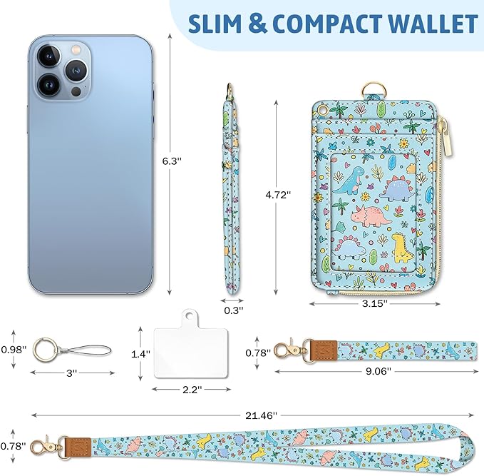 Dinosaur Lanyard Wallet with ID Badge Holder, Cute Floral Small RFID Wallet Women Keychain Wristlet, Slim Credit Card Holder with Zipper Pocket Phone Lanyard Wrist Strap Name Tag Office Teacher Gift