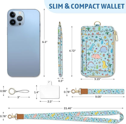 Dinosaur Lanyard Wallet with ID Badge Holder, Cute Floral Small RFID Wallet Women Keychain Wristlet, Slim Credit Card Holder with Zipper Pocket Phone Lanyard Wrist Strap Name Tag Office Teacher Gift