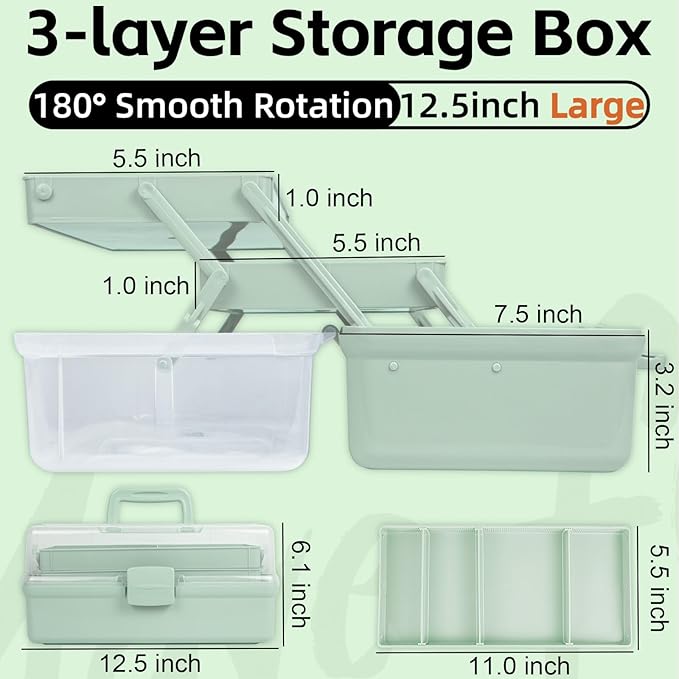 TERGOO 12.5in 3-Layer Multipurpose Craft Organizers and Storage with Adjustable Dividers, Portable Tackle Box, Folding Art & Craft Case for Medicine, Tool, Sewing Organizer (Haze Green)