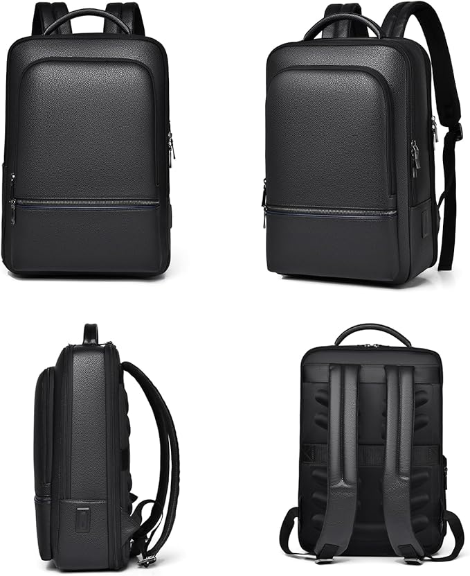 CHAO RAN Leather Laptop Backpack for Men Fit 15.6 Inch Laptop, Business Work Office College Medium Backpack with USB Charging Port, Waterproof Black Travel Bag (Black01)