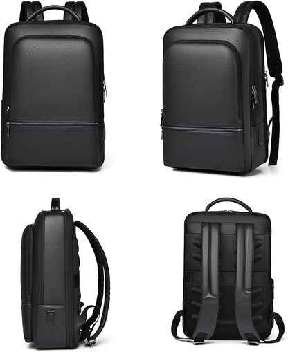 CHAO RAN Leather Laptop Backpack for Men Fit 15.6 Inch Laptop, Business Work Office College Medium Backpack with USB Charging Port, Waterproof Black Travel Bag (Black01)