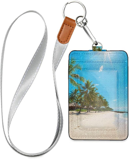 Badge Holder, Sea Beach PU Leather School College Business ID Badge Card Holder Wallet Case with 1 Clear Window, 2 Credit Card Slots and Detachable Neck Lanyard - Vertical
