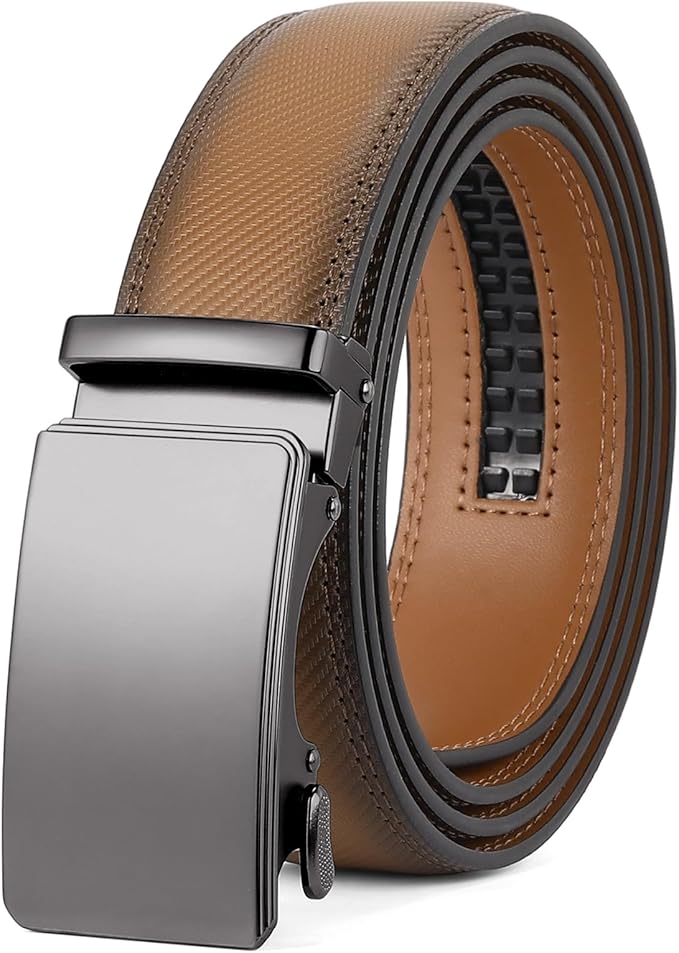 SENDEFN Leather Belt for Men Automatic Ratchet Buckle Slide Dress Casual Belts 1 3/8'' Wide Adjustable Trim to Fit(Black-20)