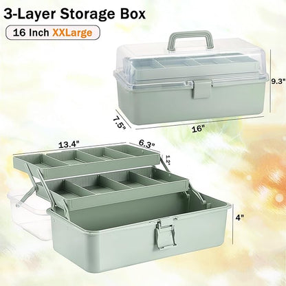 Tackle Box, 16-Inch Extra Large Art Storage Box with 3-Layer Folding Trays, Multipurpose Craft Organizers and Storage w/ Adjustable Dividers, Portable Tool Box for Sewing Supplies,Medicine &Cosmetics
