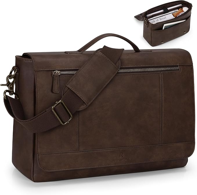 RAINSMORE Leather Messenger Bag for Men 15.6 Inch Laptop Bag Vintage Briefcase Large Computer Bag Satchel Shoulder Bag For College, Work, Business, Office, Dark Brown