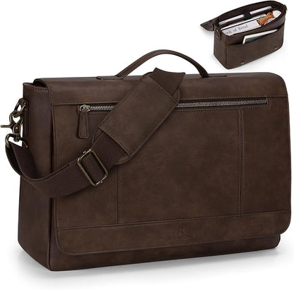 RAINSMORE Leather Messenger Bag for Men 15.6 Inch Laptop Bag Vintage Briefcase Large Computer Bag Satchel Shoulder Bag For College, Work, Business, Office, Dark Brown