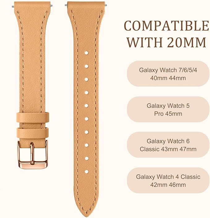 GEAK Slim Leather Band Compatible with Galaxy Watch 7 Band/6 5 4 FE 40mm 44mm/5 pro 45mm/Classic/Galaxy Active 2, 20mm Genuine Leather Strap with Quick Release Buckle for Samsung Watch Bands Women