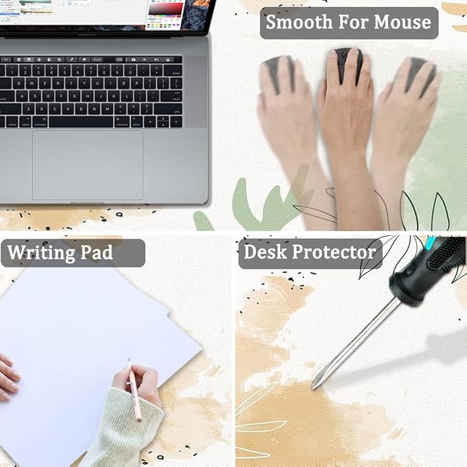 Large Desk Mat, Dual Side PU Leather Waterproof Mousepad Desk Pad, Desk Protector Writing Pads Desk Accessories for Office and Home (E-Watercolor Plants, 24''X14'')