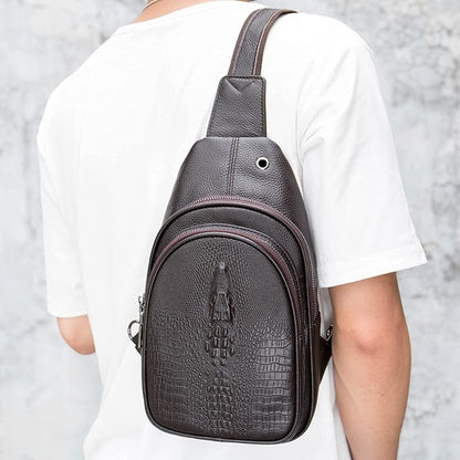 NIUCUNZH Crocodile Leather Sling Bag with Leather Strap, 3 Zipper Crossbody Shoulder Bags for Travel Hike Everyday Carry