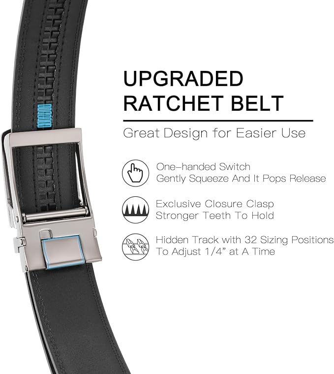 GAEKEAO Ratchet Belt for Men Genuine Leather 1 3/8" - Micro-Adjust Buckle Trim to Fit Dress Belt Casual to Formal Gift Boxed