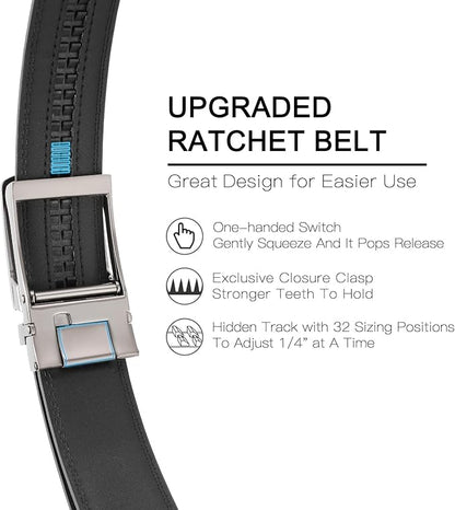 GAEKEAO Ratchet Belt for Men Genuine Leather 1 3/8" - Micro-Adjust Buckle Trim to Fit Dress Belt Casual to Formal Gift Boxed