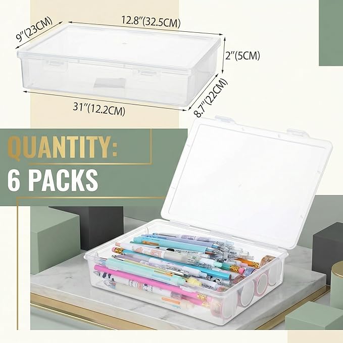 Qunclay 6 Pcs 13'' X 9'' X 2'' Plastic Storage Box with Lid Multipurpose Craft Organizers Plastic Containers Clear Pencil Case Art Satchel Storage Case for Beads Ornaments Crafts Accessories