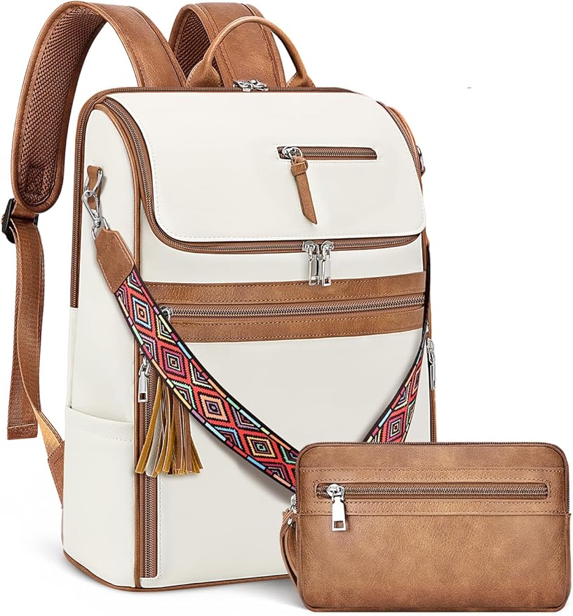 SYTRAH Leather Laptop Backpack for Women Designer Laptop Bag, 16.5 inch Travel Computer Backpacks Purse with Tassel for Work Business with Satchel Purse Beige Brown
