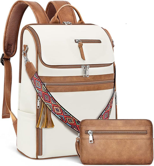 SYTRAH Leather Laptop Backpack for Women Designer Laptop Bag, 16.5 inch Travel Computer Backpacks Purse with Tassel for Work Business with Satchel Purse Beige Brown